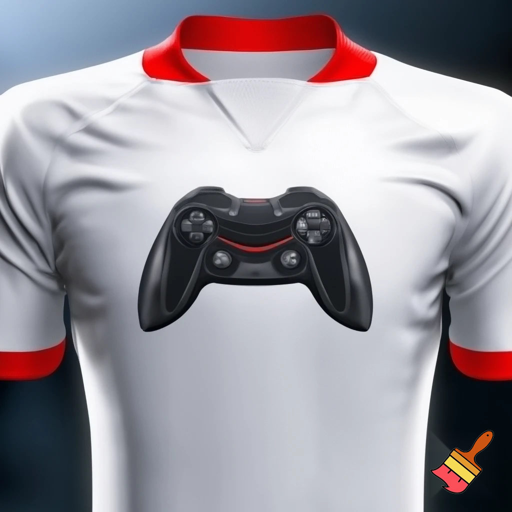 Una maglia da calcio bianca con dettagli rossi come il colletto e al centro dipinto un controller nero con Dettagli rossi