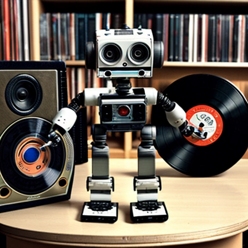 Rétro robot with a vhs tape as a head, a speaker for a body and a vinyl for a wheel
