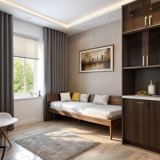 generate an interior picture of a room , not kitchen, with a 2.5-meter-long and 2.7-meter-high wall on the left, with 5 4-centimeter-wide pecan-colored boards on the left and right edges of the wall, and black wallpaper with gold-colored thin stripes in between. There is also a 60-centimeter-wide and 2-meter-high decorative panel with a floral pattern, and a 60-centimeter-wide and 2-meter-high mirror. the second wall begins with 50 cm of 4 cm wide pecked walnut-colored slats, followed by a 1.80 m long and 1.3 m high counter with a glass in the middle that is illuminated from the inside with yellow light, then 90 cm of slats that are pecked at regular intervals, and the wall ends with a door that matches the color of the counter. The third wall is covered with decorative plaster. Design this room in a modern and stylish manner.