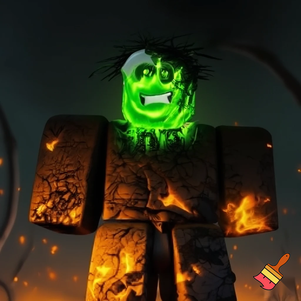 Roblox guy with burned body and white face have green scary face