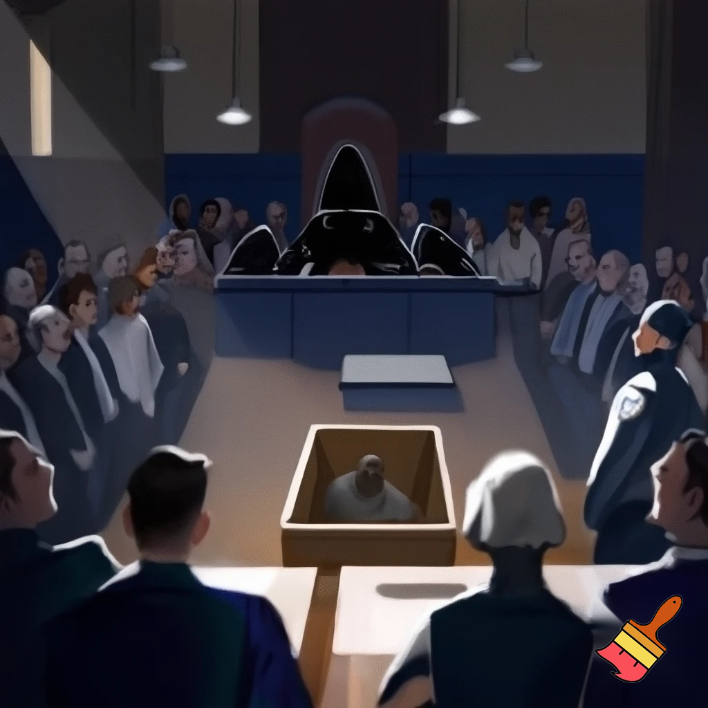 Un tribunal, un judecător, ciocanul, jandarmi, public, martori, inculpatul în boxa acuzaților.