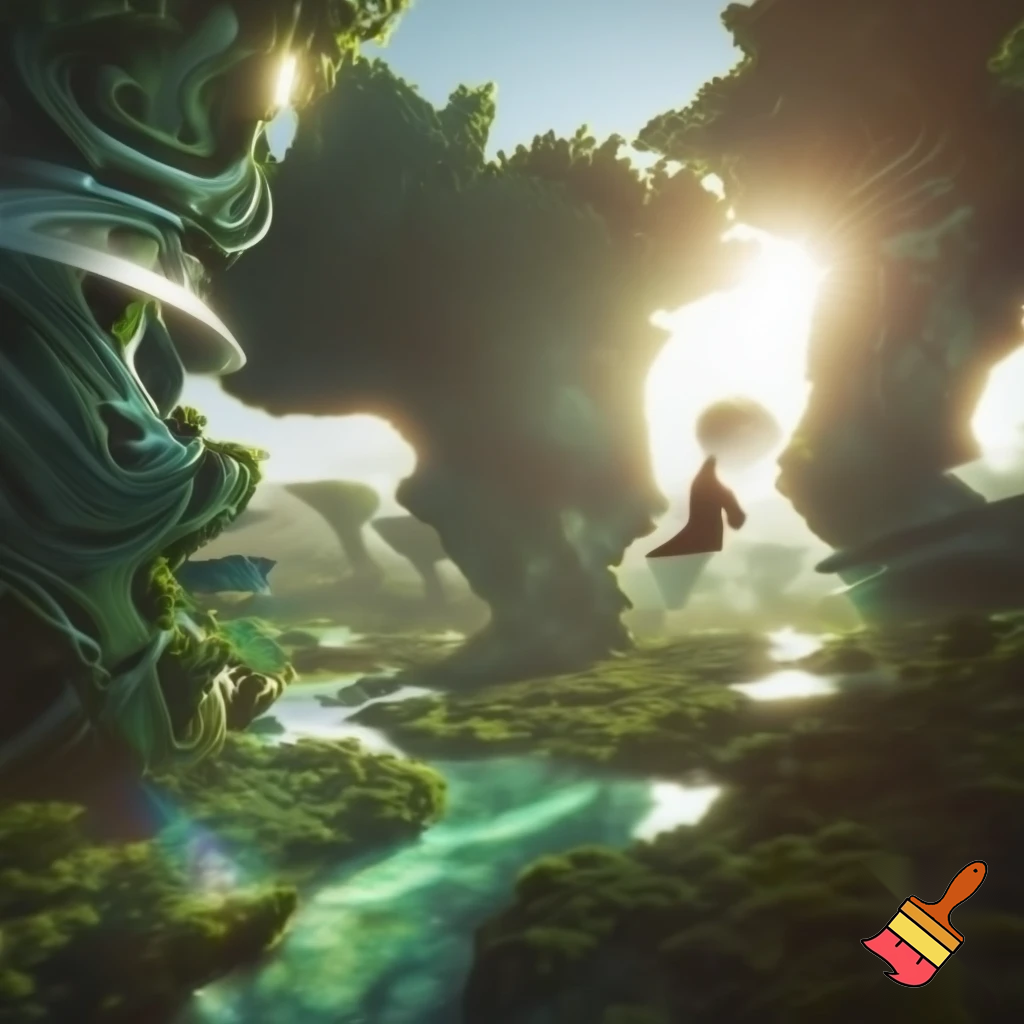 First glimpse of alien paradise — huge engineered trees humming, shimmering transparent rivers, empty paradise with no fauna, human-like figure rising above ground mid-leap (unexpected anti-gravity), dynamic motion blur, sunlight flares, cinematic wide shot, vivid greens and turquoise, high detail.

Settings / Steps:

Aspect ratio 16:9.

Motion: add directional motion blur on the figure to show sudden levitation.

Lighting: intense backlight with rim highlights on foliage.

Keep environment lush but eerily empty.


Negative prompt: crowded scene, animals, text, low detail, childish style

Variations: quiet close-up on hand touching tree that hums, leaf-scale macro.
