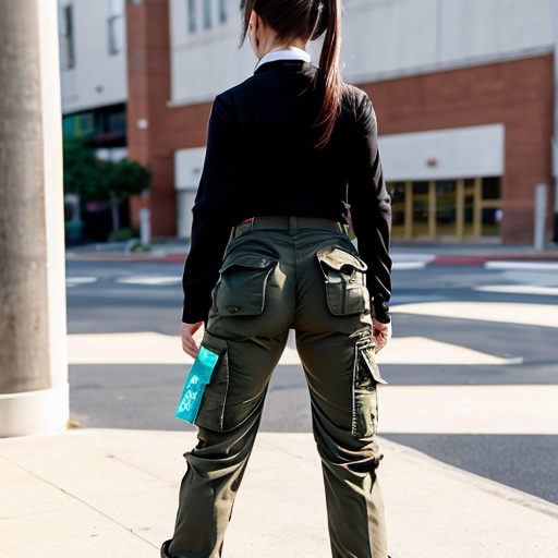 a anime girl with beige cargo pants turning around


