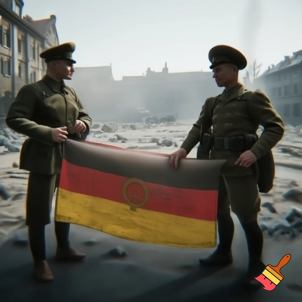 Солдаты ГДР и СССР (1980-1990ые годы,форма,оружие и снаряжение того времени) Держат довольно большой флаг ГДР (солдат гдр - слева,солдат СССР - справа) на фоне полу-разрушенной площади в город Брауншвейг.