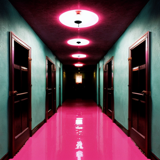 Hyper-realistic, symmetrical deep perspective photograph of a vintage hotel corridor. Saturated magenta-pink floor and cyan-blue walls define the color palette. A row of numbered six-panel doors recedes into the distance. At the far end, centered under a warm golden-yellow lantern fixture, stands a lone, emaciated, monstrous humanoid with pale, mummified features. Crucially, massive, grotesque, dark shadows of multiple-limbed monstrous forms are projected onto the foreground walls on both sides, creating an oppressive atmosphere. Textures are detailed, and the lighting is dramatic and cinematic.