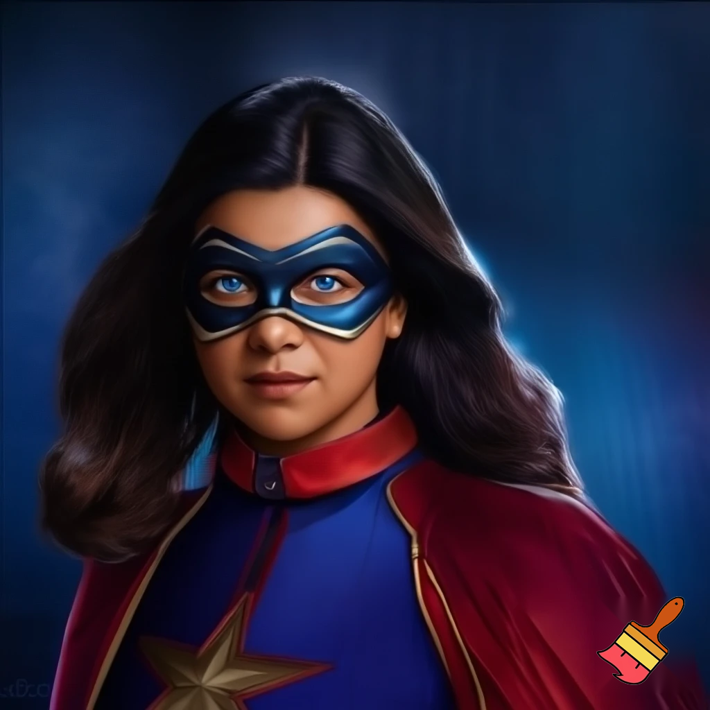 Kate Bishop black hair Blue Eyes white skin married ms marvel Kamala khan brown skin dark brown hair dark eyes blue mask red blue outfit 