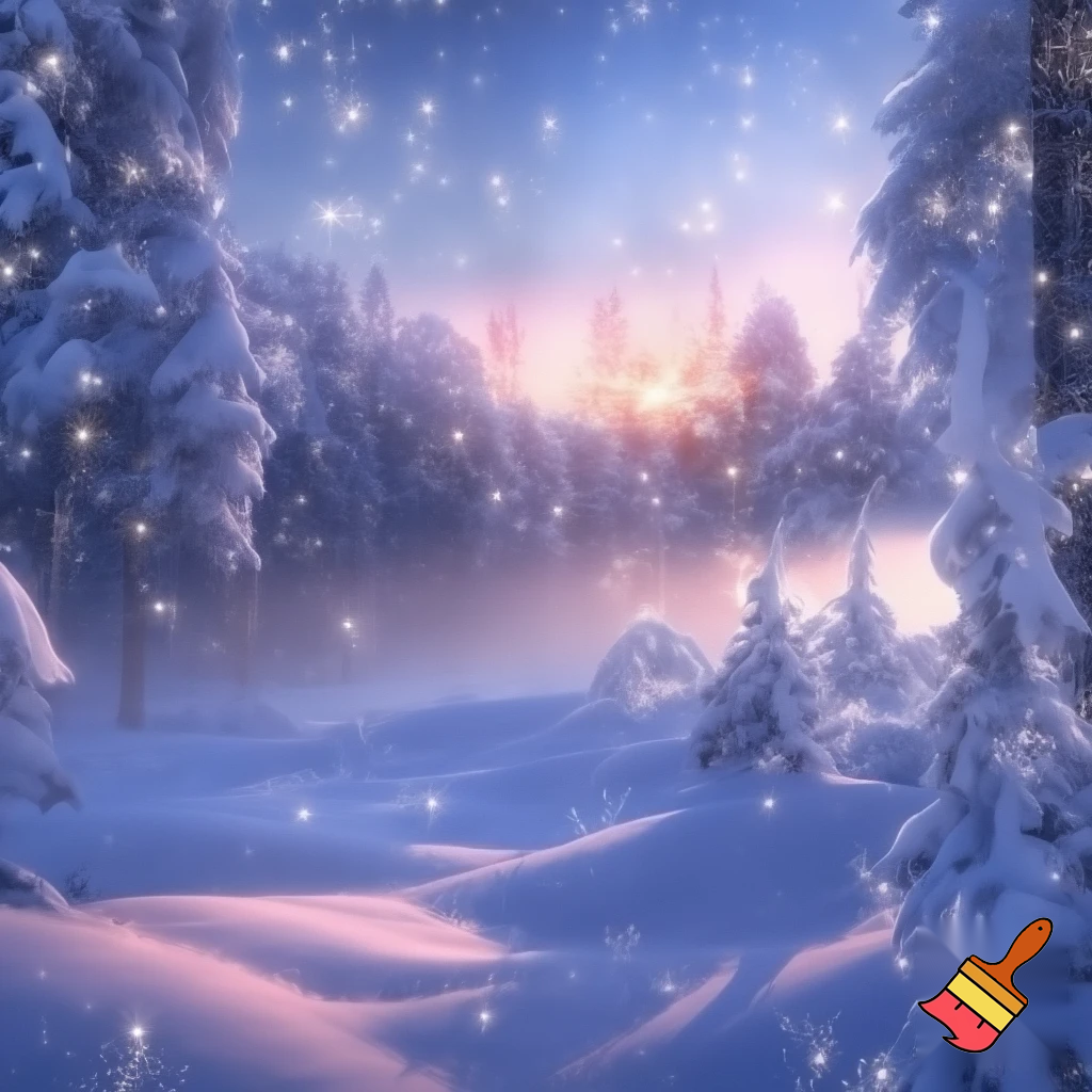 snowy woodland, filled with the light of dawn, sparkling snow
