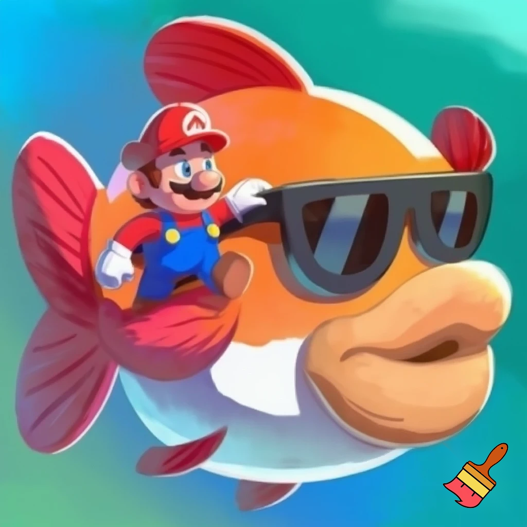 mario being eaten by a giant orange fish with dark sunglasses, a white underbelly, red fins, and fat tan lips. 2d cartoon art style, cute