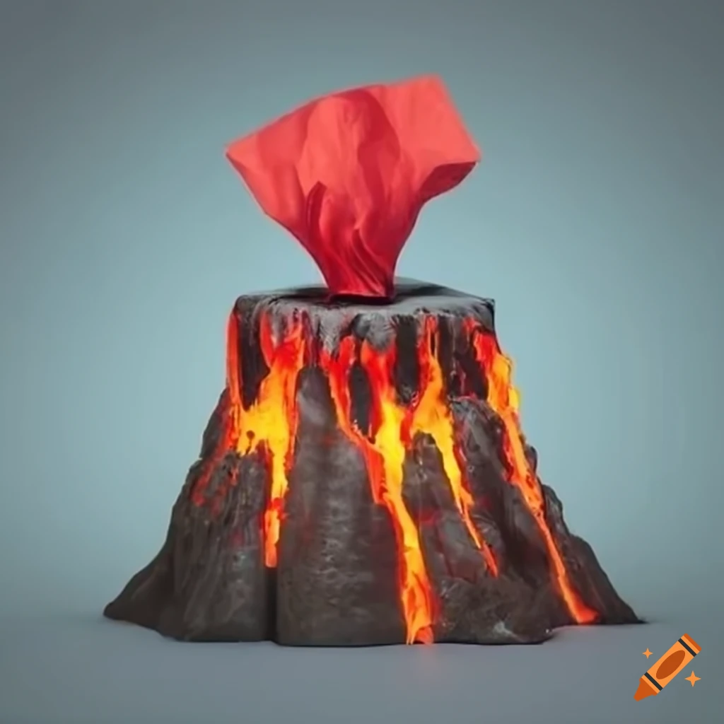 Create a packaging for a tissue box in the shape of a volcano with red tissues coming out from the top of the volcano."