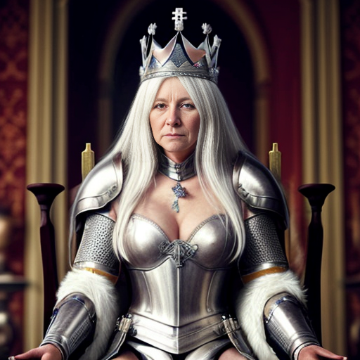 Tall, white-haired Queen of Poland in armor sitting on a throne