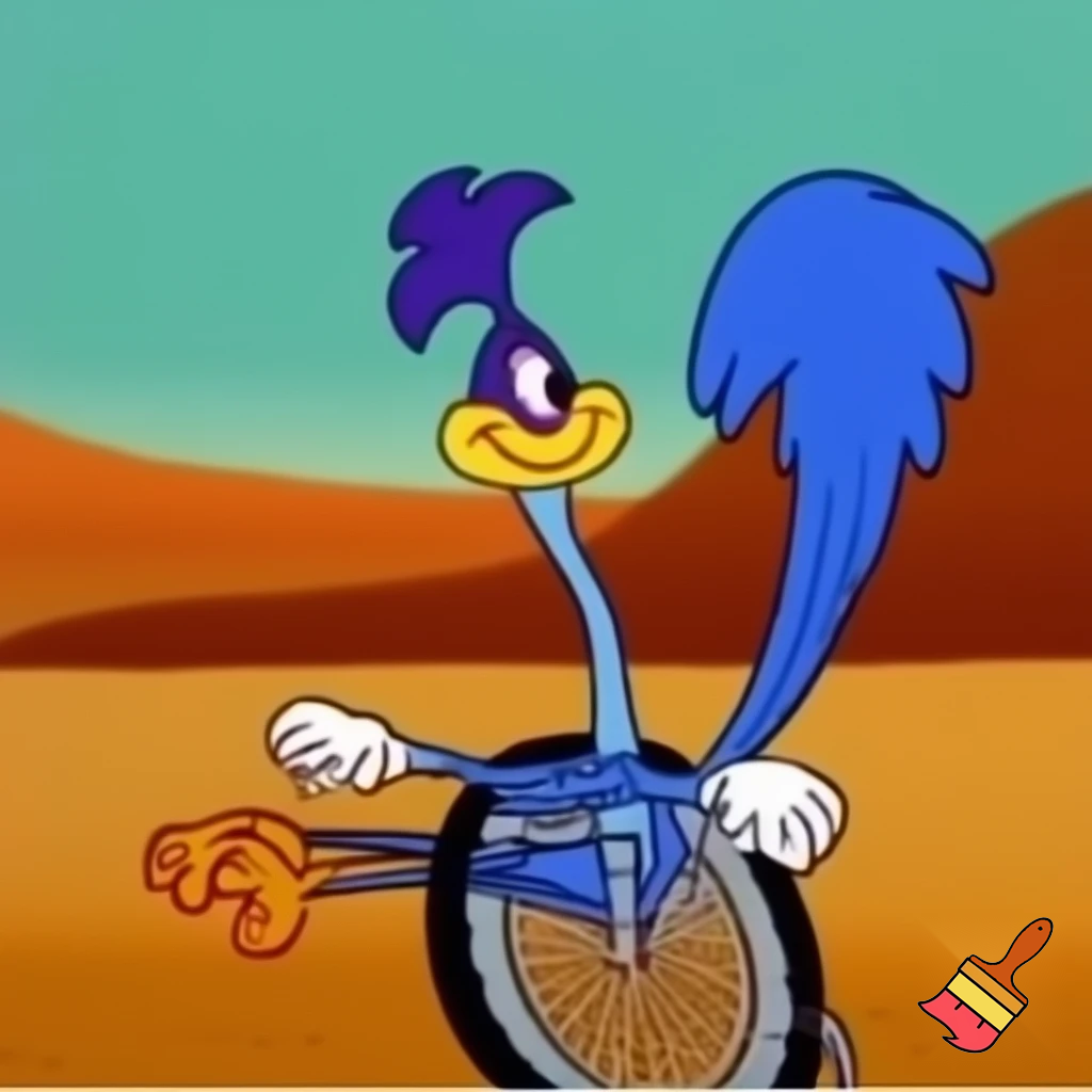 The Road Runner, in the classic Merrie Melodies style, in a wheelchair facing stage right, in a typical desert scene.