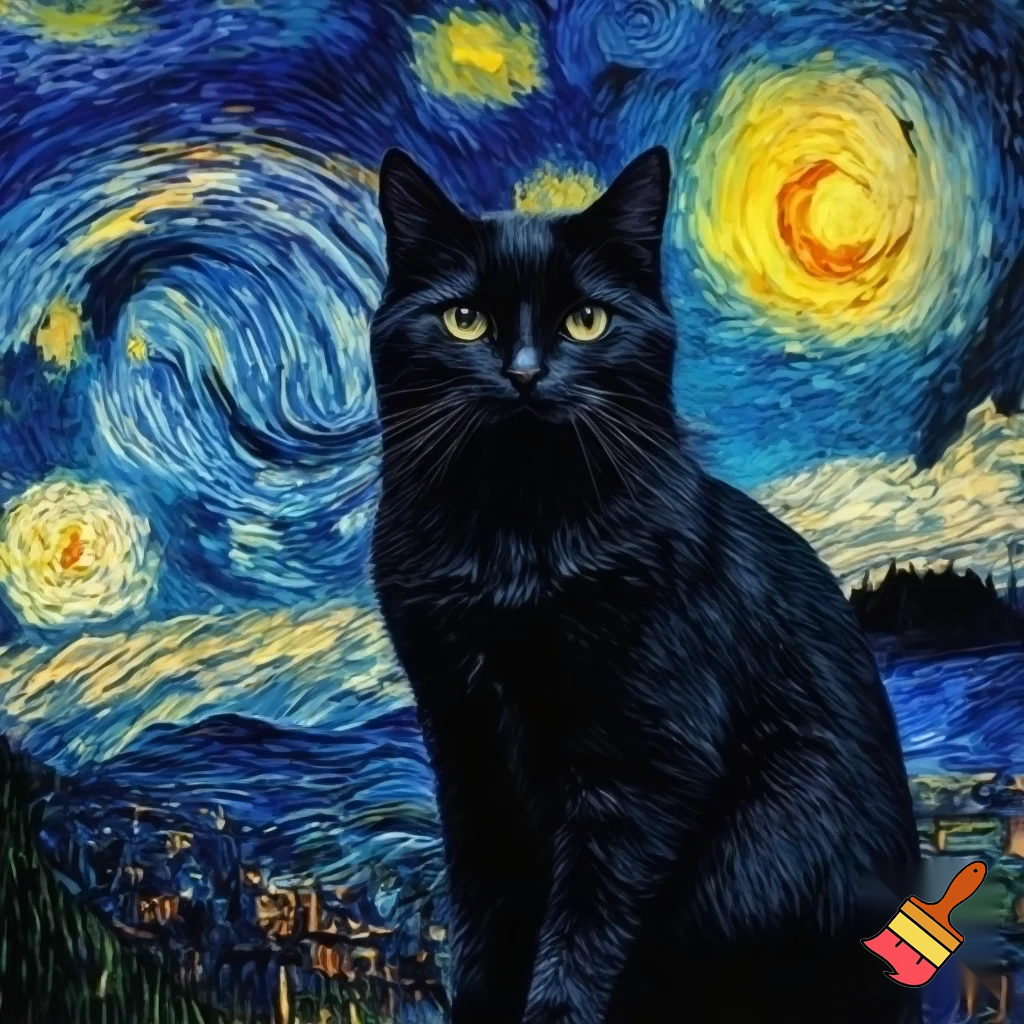 a cat painted into the foreground of the
 starry night