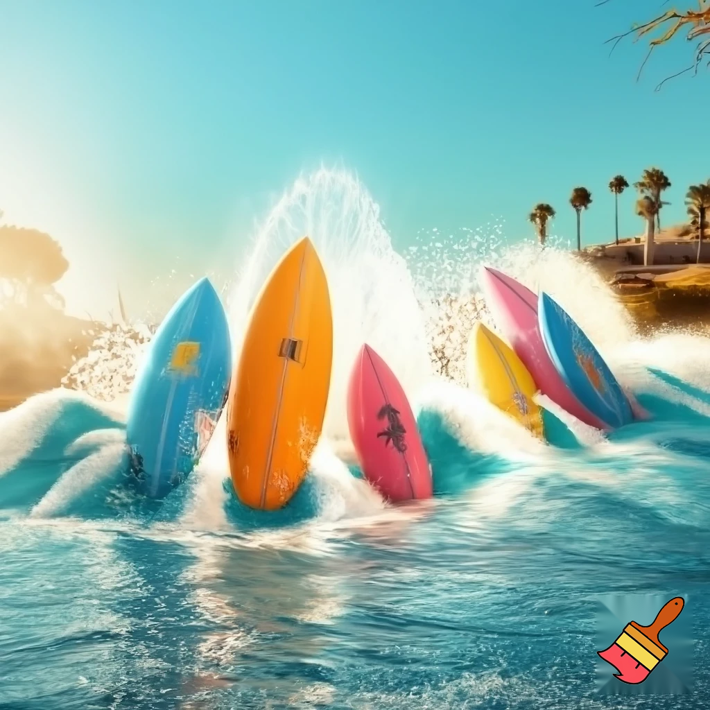 Create a river splash ride and make the boats look like different color surfboards with a Malibu vibe