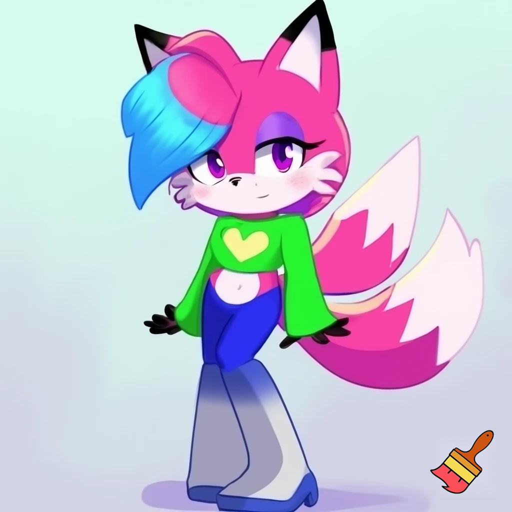 Pink fox sonic oc female with purple eyes, blue at end of swept hair on left side in front and long straight hair in back, black tipped ears, green cropped shirt with long sleeves and light yellow heart in the middle of shirt with an even smaller green heart in the middle of that light yellow heart, blue pants and long white and gray-blue gradient boots. sonic styled fox. no eyeshadow. white fluffy cheeks and stomach.