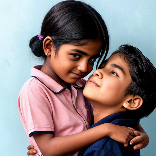 n Indian boy holding an Indian girl with his hands. 
The girl gently kisses the boy’s forehead. 
They both look like 21-year-old college students. 
The boy wears a light green shirt and black pants. 
The girl wears black pants, a sky blue top, and a black coat with shortand button closed . 
The girl’s skin tone is slightly darker than the boy’s. 
Background: a room with a plain white wall. 
The girl’s hair is tied neatly, like in a uniform style. 
Style: soft watercolor painting. 
Aura glow: pastel aura (pink + blue mix)