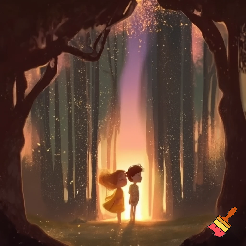 One girl one boy kids in a forest back to back in a sunset