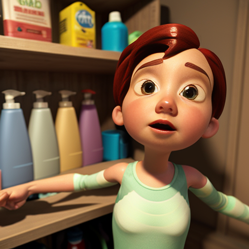 Pixar-style 3D render of a detergent bottle.

Eyes: stern and tired

Eyebrows: flat, unimpressed

Mouth: tight line

Arms: cap arms on hips

Scene: laundry shelf, clean Pixar lighting