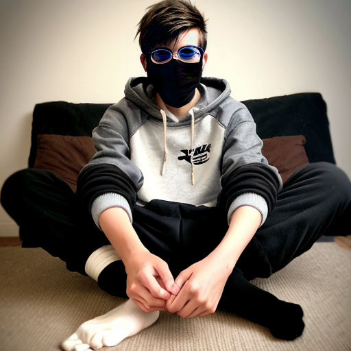 an anime style teen boy, showing his soles, with dirty, sweaty black socks as the main focus, wearing a black face mask, that covers his mouth and nose, weaing glasses, he has a few brown bangs, the hoodie covering the rest of his hair, ready for somebody to massage his socked feet, wearing black sweatpants