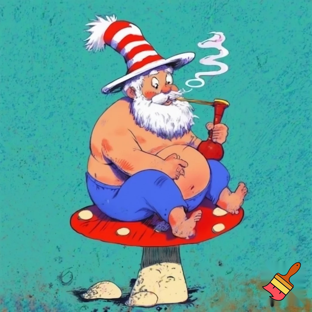 Very fat Mexican with white beard and dr Seuss hat sitting on a mushroom and smoking a bong
