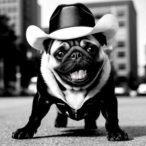 Make a picture with a black and white pug with one eye with a cowboy hat, standing up in the city with a cowboy hat