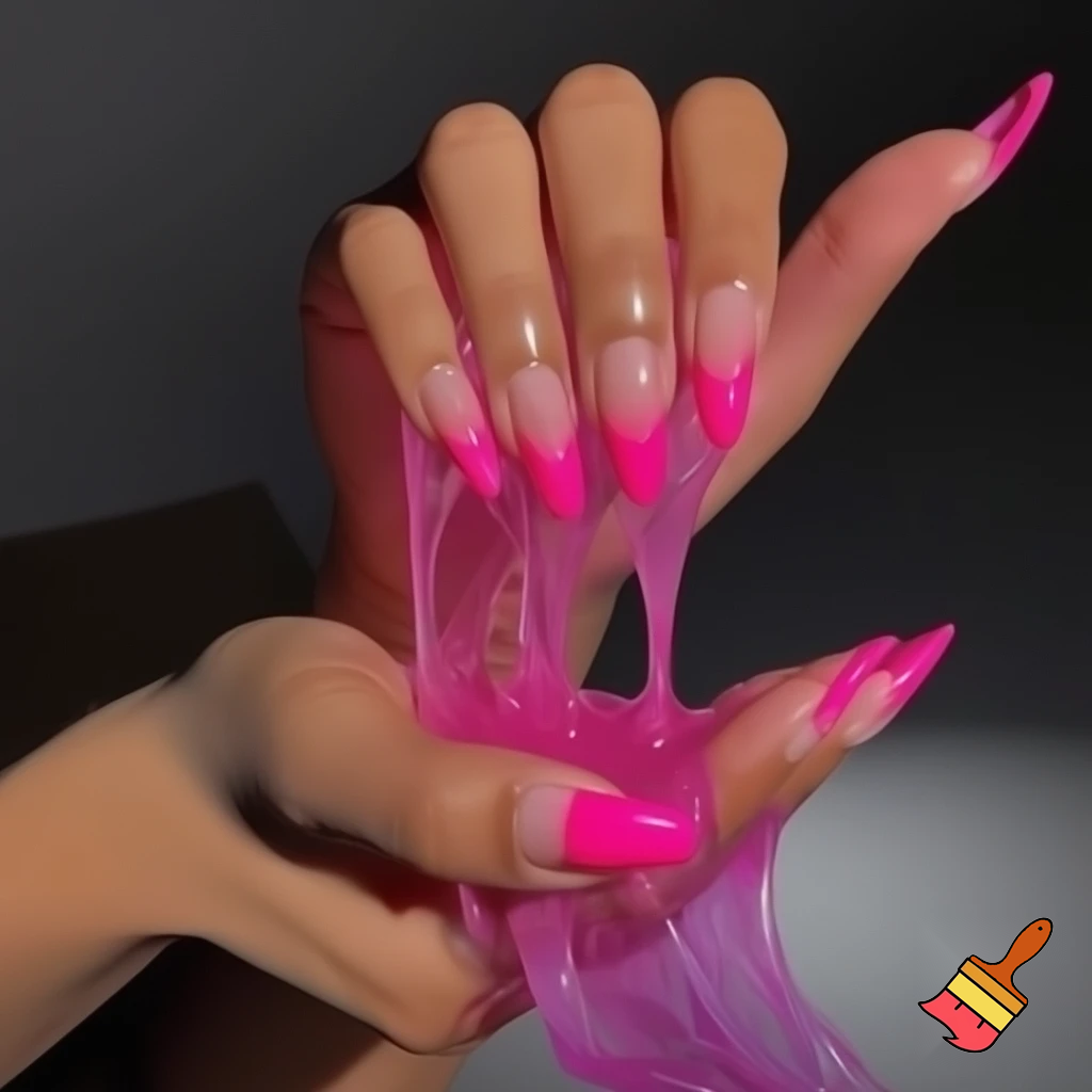crate a picture of hands with hot pink French tips playing with pink slime. Make it look very baddie.