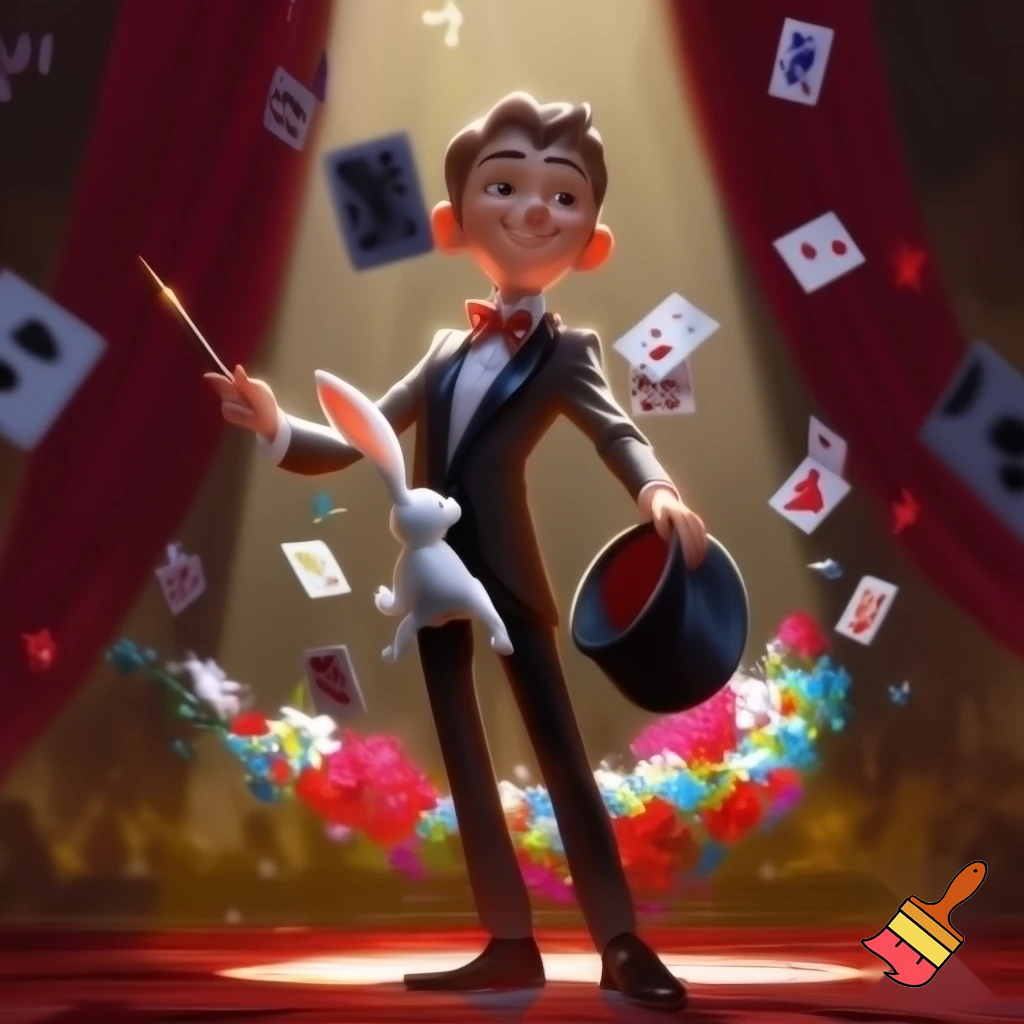 Preteen Boy Magician on Stage Tuxedo Red Bowtie Rabbit in Hat Cane Cards Flowers