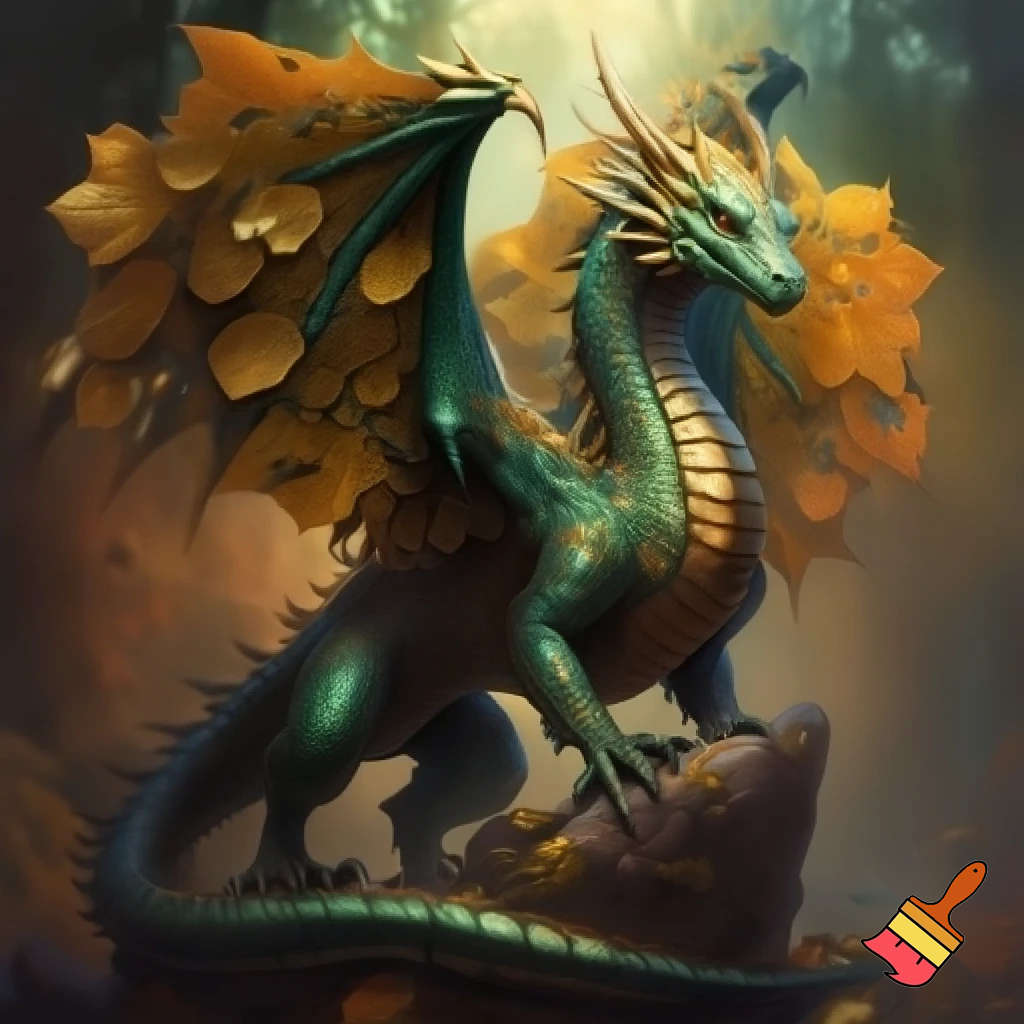 A tall elegant green dragon with occasional gold scales, wings the shape of leaves
