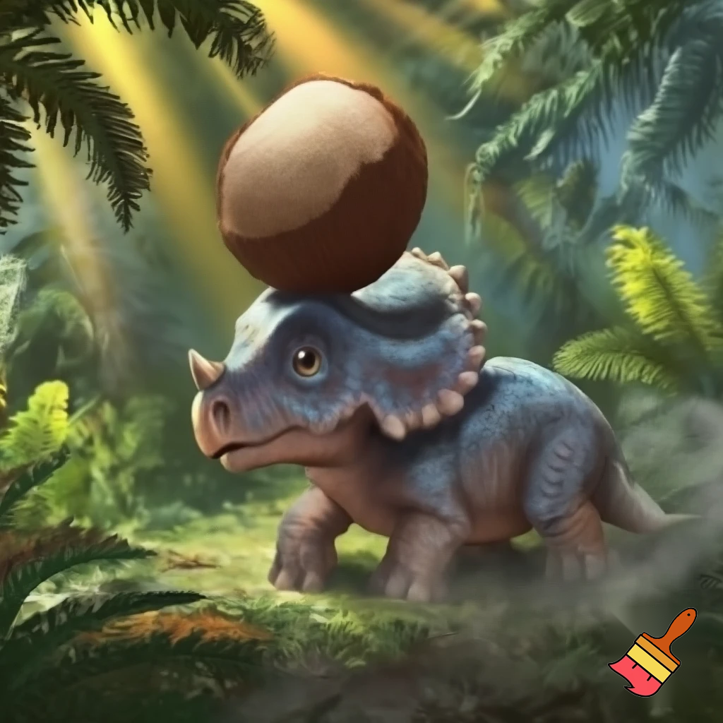 Draw a cute baby triceratops in the wild with a coconut nut shell on his nose horn 