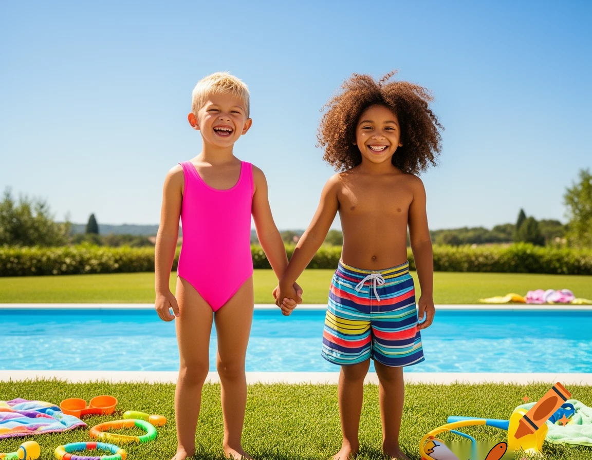 A wholesome scene suitable for children. A ten year old couple having fun on their first date. He is white and she is black. They are holding hands. They traded swim suits: she is wearing his trunks and he is wearing her tank leotard. They are about to swim in the pool behind them.