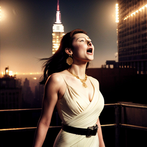 full merged narrative of your reimagined Ann Darrow in a Japanese anime manga-style adaptation of King Kong (2005):

🗽 King Kong: The Mistaken Beauty — Anime Manga Novelization
Chapter 1: The Spotlight
She stands center stage in a grand, gilded theater, bathed in golden light. Her dark hazelnut bronde hair cascades in soft waves, framing a face lit by bold red lips and eyes full of mystery. She wears a form-fitting, sleeveless white evening gown that hugs her silhouette like a second skin. Full opera-length gloves add a touch of vintage elegance, while a separate draped scarf at the back of her neck creates the illusion of a cowl neckline—an homage to the original Ann Darrow.
Her accessories shimmer: elaborate rhinestone earrings, each composed of two diamond-shaped segments, catch the light with every movement. Draped low around her waist is a gold chain belt, with extra loops that swing gently as she walks, adding a rhythmic sparkle to her graceful steps.
She is not Ann Darrow. She is the Iranian Jewish heroine—an actress, a dreamer, a woman caught in the wrong myth.
Chapter 2: The Mistake
Suddenly, the theater trembles. A shadow looms. The audience screams. From above, Kong descends—his massive form silhouetted against the city skyline. His eyes lock onto her. Confused. Haunted. Hopeful.
He reaches out.
She freezes, arms outstretched in a dramatic pose, caught between terror and awe. The rhinestones glint. The scarf flutters. The illusion is complete.
Kong grabs her.
The crowd gasps. The city holds its breath.
Chapter 3: The Realization
High above the streets, atop the Empire State Building, Kong cradles her gently. She speaks—softly, in a language he doesn’t understand. Her voice is calm, her gaze steady. She is not Ann, but she is something else: brave, kind, radiant.
Kong stares. The illusion fades. He realizes the truth.
Too late.
The planes arrive. The city’s fury rains down. She screams—not in fear, but in protest. Kong shields her, wounded but resolute.
Chapter 4: The Legacy
She survives. Kong does not.
But the world remembers her—not as a mistaken identity, but as a symbol of grace under pressure. Her image becomes iconic in manga panels: the white gown, the gold belt, the rhinestone earrings, the moment of mistaken beauty that changed everything.