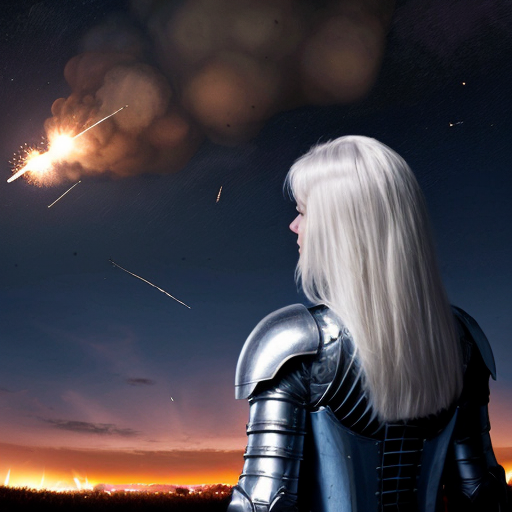 young white-haired woman in armor watches as meteorites fall on her castle