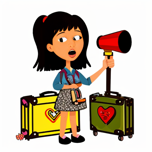 caricatura animada mujer con maleta llena de recuerdos , megafono y un corazon floreciendo