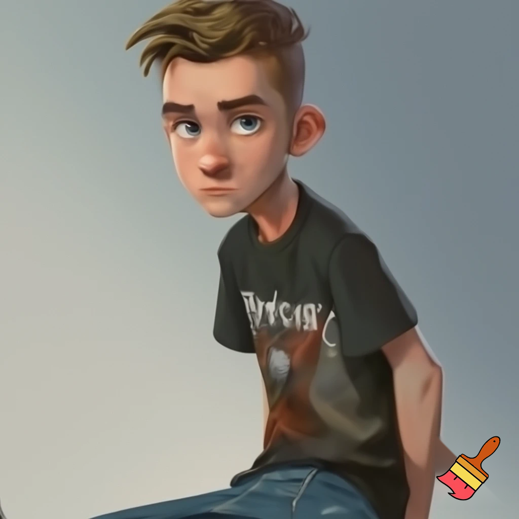 noah dier, a regular teenage boy with brow hair slightly long on top with shaves sides and big eyebrows and close set blue eyes and a big circular nose with a metallica shirt and jeans with a pear shaped face