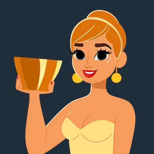 the emotion proud one person gold holding trophy Pixar cartoon style gold skin  happy pretty  gold face inside out movie gold everything orange Disney animation
