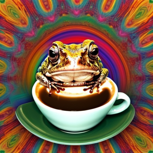A hillarious, funny boho toad with some hippie colored coffee cups. Psychedelic decorated background, hyperrealistic. Close-up view.