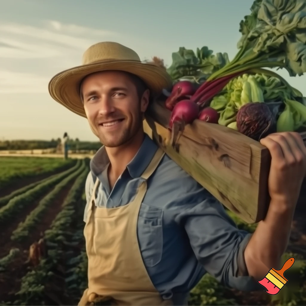 Cinematic portrait of a young farmer smiling confidently, 25–30 years old, fair skin, wearing a wide-brim straw hat, light blue work shirt and beige apron. He carries a wooden crate full of freshly harvested vegetables on his shoulder: beets with vibrant green leaves, lettuce, radishes and leafy greens. Shot outdoors in a cultivated rural field with long crop rows. Golden hour lighting, warm sunlight, cinematic color grading, soft highlights and natural shadows. Shallow depth of field, background slightly blurred, farm workers visible in the distance. Ultra-realistic photography, 35mm lens look, high dynamic range, authentic rural atmosphere, inspirational and emotional tone, sustainable agriculture, film still quality. Optional parameters (Midjourney): --ar 16:9 --v 6 --style raw --q 2