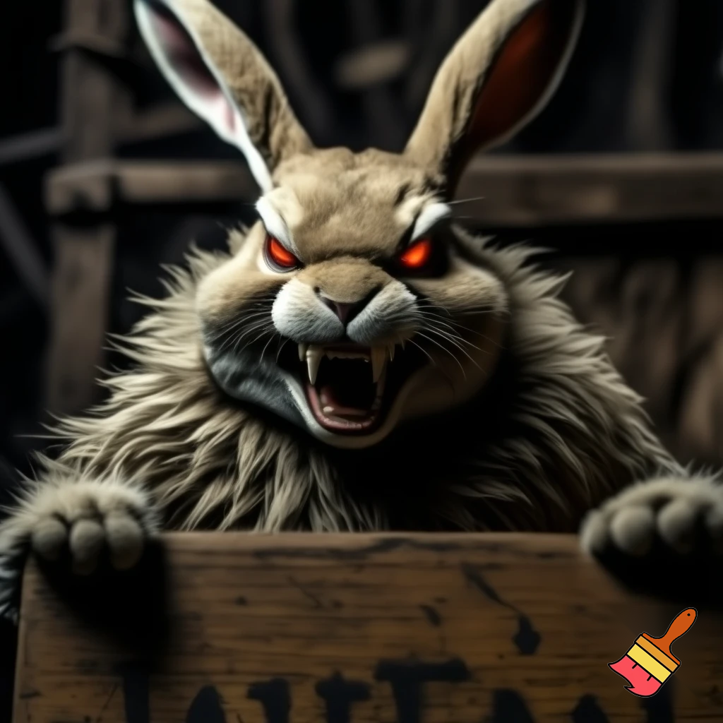 European rabbit, red glaring eyes, sharp teeth and fur, holding a sign, angry face, fighter smile