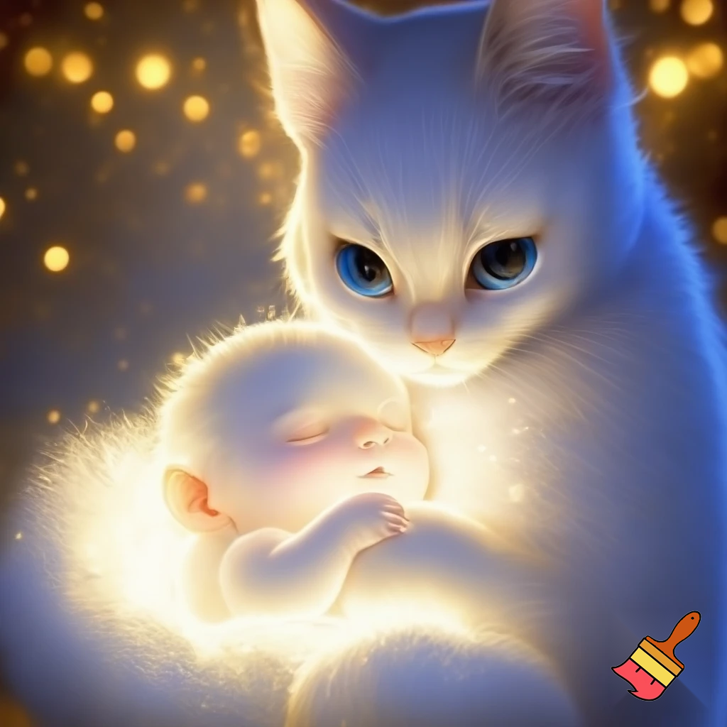 White catgirl holding glowing hybrid baby, white fur sparkling, golden sunlight on face, soft white glow around them, big blue eyes, tail wrapped gently, bright warm portrait, 8k, --ar 1:1 --style raw