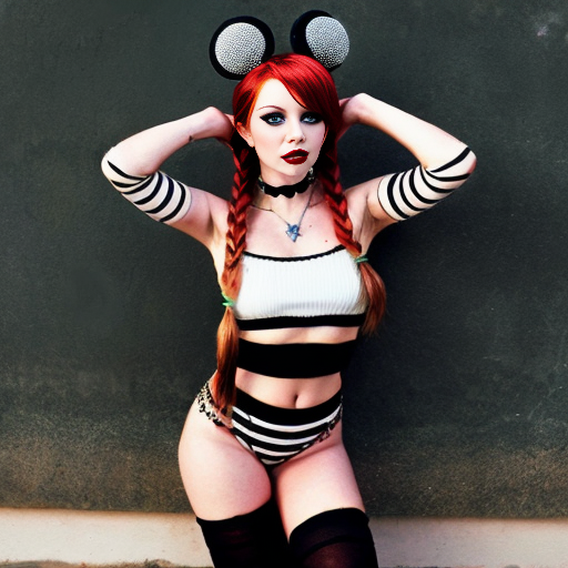Disney style Tinkerbell, punk rock, thigh high socks black white striped, barbed wire wings, smoking a cigarette , 2 pigtails top of head, red hair 