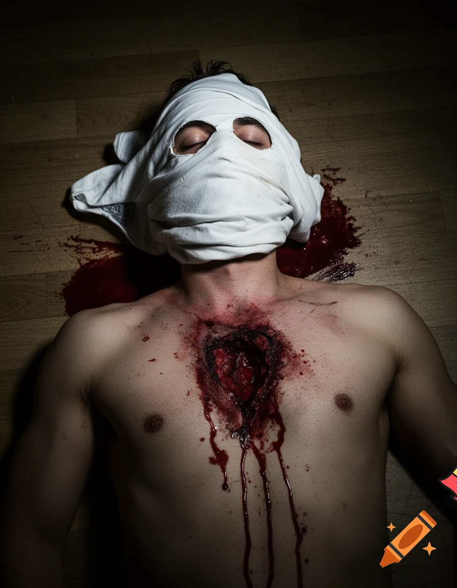 A shirtless man, face are hiding by shirt with cut on eye part, died, chest open wounded, blood everywhere, eye closed.