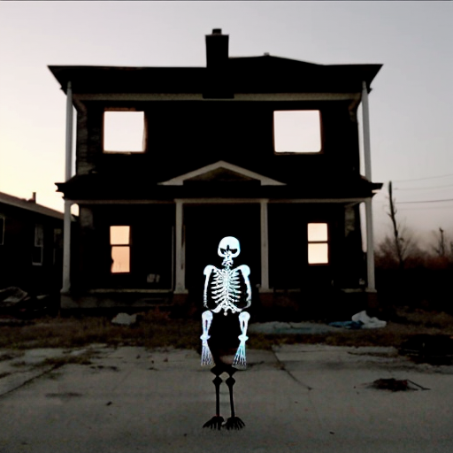 black skeleton standing outside an abandonded house, found footage quality, at midnight