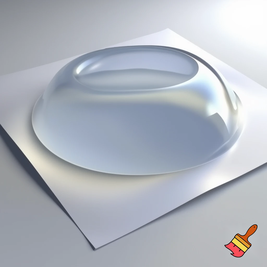 Imagine a flexible, gel-like bowl placed on top of a square piece of paper. The bowl’s material stretches and conforms perfectly to the square edges and corners of the paper, creating a smooth, dome-like shape. The bowl’s surface molds seamlessly to the square outline, resulting in a perfectly fitted, stretched, square shaped dome-like appearance.