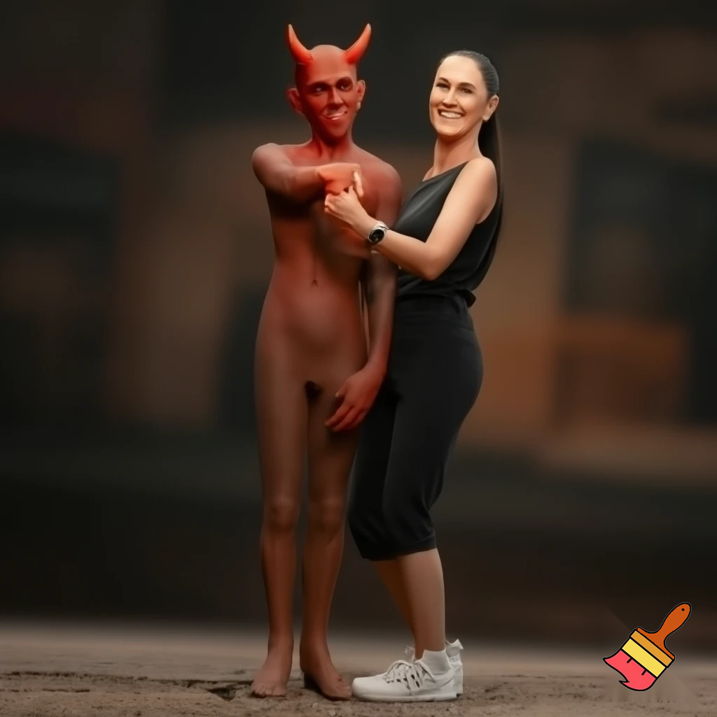 claudia sheinbaum holding hands with the devil and smiling, full body, 