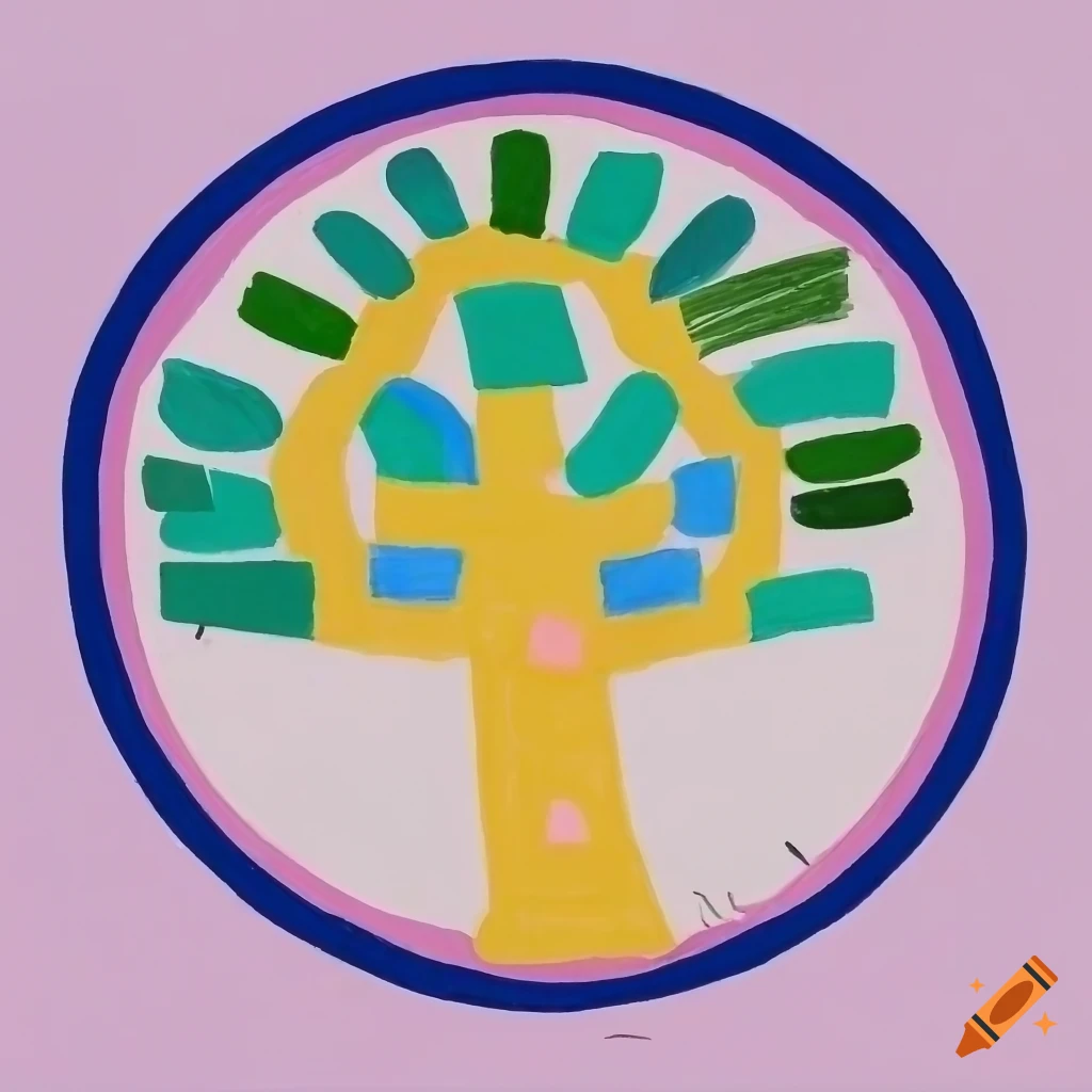 Drawing a simple shape of a tree Cubism style, striped circle, with blue color, yellow color, soft pink color