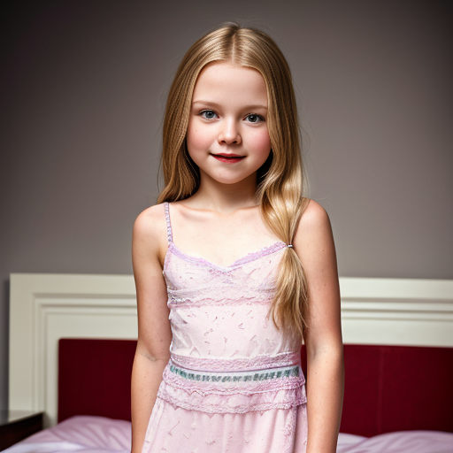 swedish little girl, long blonde hair, night dress, on the bedroom