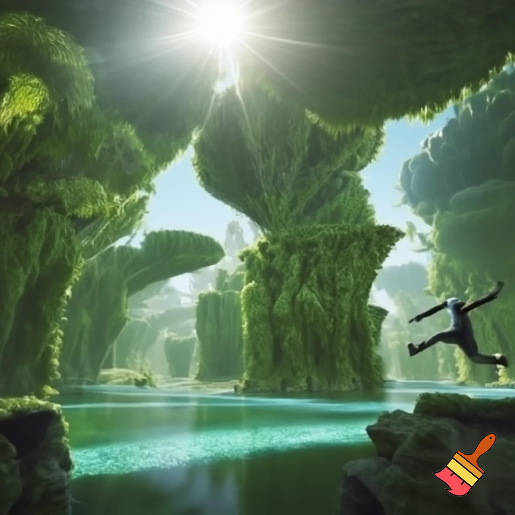First glimpse of alien paradise — huge engineered trees humming, shimmering transparent rivers, empty paradise with no fauna, human-like figure rising above ground mid-leap (unexpected anti-gravity), dynamic motion blur, sunlight flares, cinematic wide shot, vivid greens and turquoise, high detail.

Settings / Steps:

Aspect ratio 16:9.

Motion: add directional motion blur on the figure to show sudden levitation.

Lighting: intense backlight with rim highlights on foliage.

Keep environment lush but eerily empty.


Negative prompt: crowded scene, animals, text, low detail, childish style

Variations: quiet close-up on hand touching tree that hums, leaf-scale macro.
