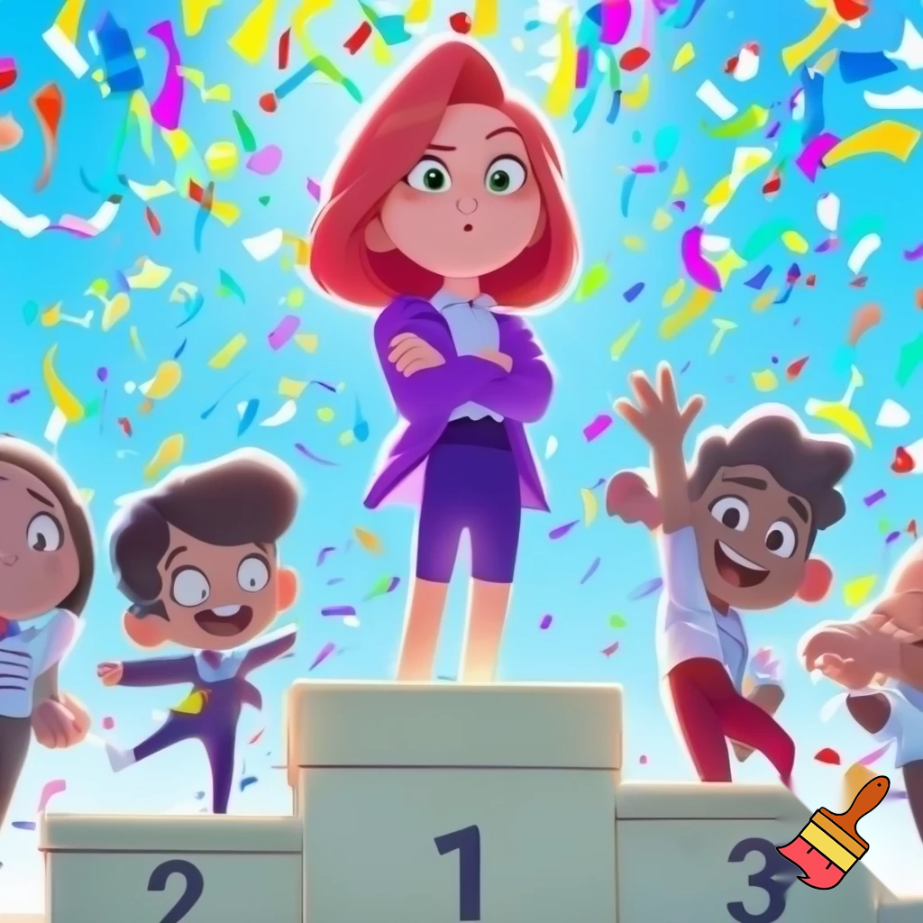 "A podium with three winners celebrating. The first-place winner is a red-haired girl with crossed arms, wearing a purple blazer and a white shirt, inspired by Marcella from the Spirit cartoon. She stands confidently on the top step. The second and third place winners are on either side, slightly lower on the podium. The scene is bright and cheerful, with a clear blue sky, confetti falling, and a lively, animated style reminiscent of cartoon illustrations. Focus on dynamic expressions and vivid colors."
