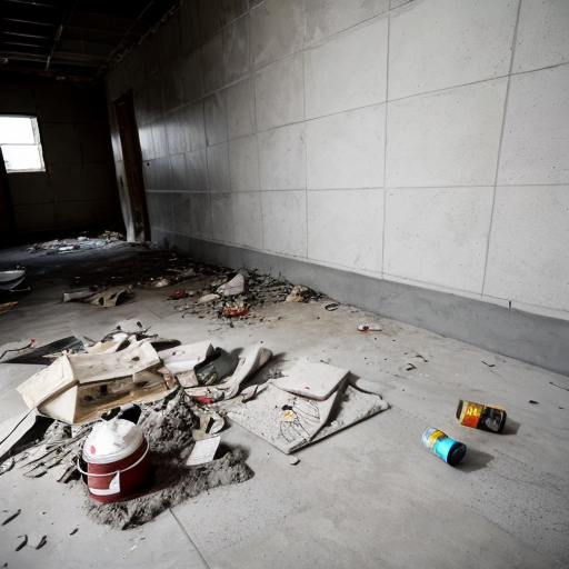 A chaotic construction site. A raw, dark-grey concrete subfloor, severely cracked and spalling. Piles of gray dust, scattered brick debris, an empty sack labeled "CEMENT," discarded paint buckets, and bare, unpainted walls.