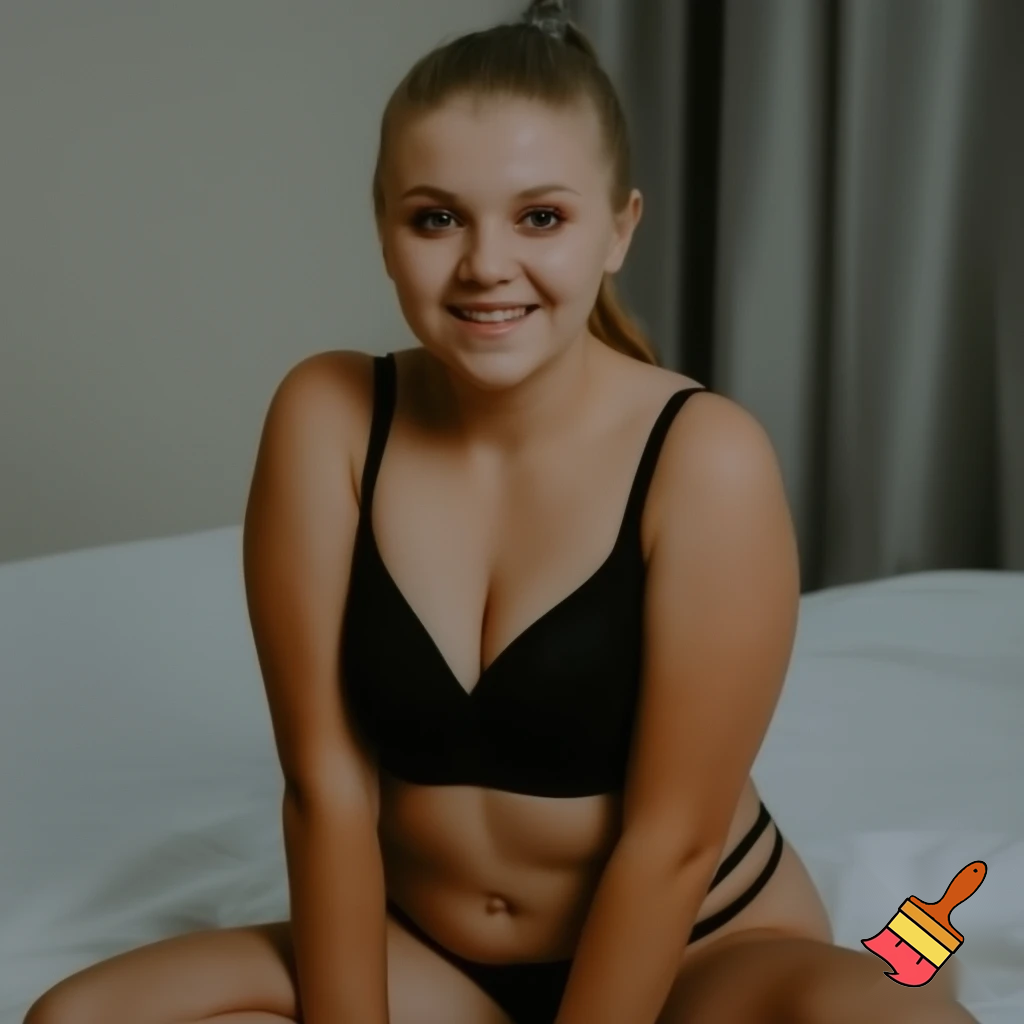  A 20‑year‑old woman with light hair tied in a ponytail, smiling shyly at the camera while wearing a tace bra and t string , bed room background, realistic style. She has a little make up