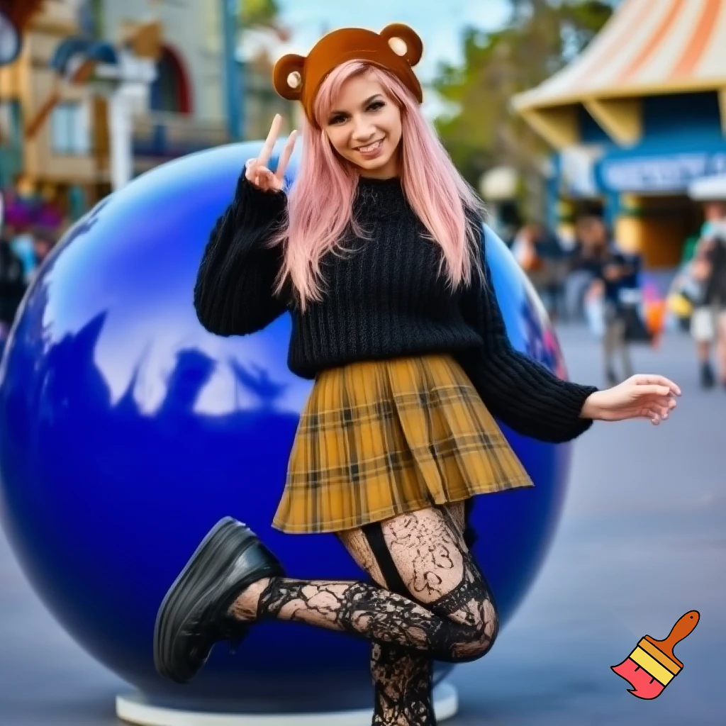 A young woman with long light pink hair, wearing a brown teddy bear hat, a black knitted sweater, a brown-yellow plaid pleated short skirt, black lace suspender stockings, and black platform loafers; standing in front of the iconic blue big ball of Universal Studios, standing on one leg with the other leg bent and lifted, making a peace sign with one hand and stretching the other hand. The background includes park buildings and pedestrians, with a lively, fashionable, and amusement park atmosphere.